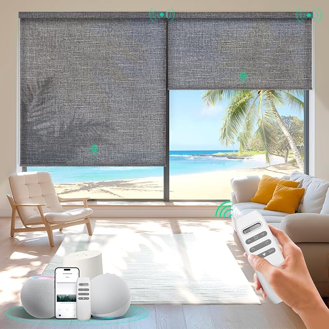 HeyBlinds Motorized Blinds with Remote, Smart Roller Shades with App & Voice Control, Work with Alexa Google HomeKit, Light Filtering Custom Window Shades for Living Room Office (Grace-Stormy Gray LF)