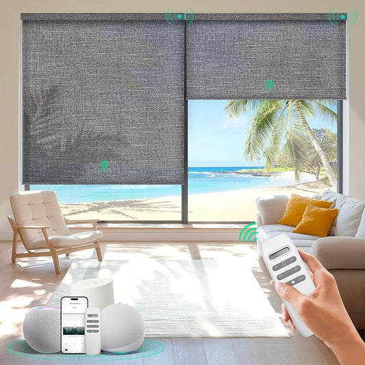 HeyBlinds Motorized Blinds with Remote, Smart Roller Shades with App & Voice Control, Work with Alexa Google HomeKit, Light Filtering Custom Window Shades for Living Room Office (Grace-Stormy Gray LF)