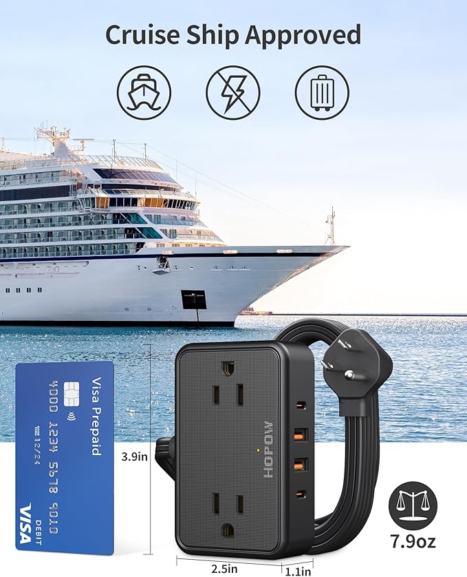 HOPOW Flat Plug Extension Cord, 6 Ft Ultra Thin Power Strip, 4 AC Wide Spaced outlets and 4 USB (2 USB-C) Ports, No Surge Protector for Cruise Ship, Travel, Dorm Room Essentials (Black)