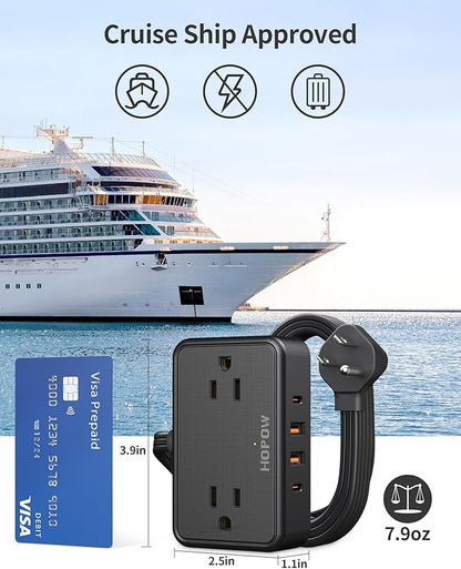 HOPOW Flat Plug Extension Cord, 6 Ft Ultra Thin Power Strip, 4 AC Wide Spaced outlets and 4 USB (2 USB-C) Ports, No Surge Protector for Cruise Ship, Travel, Dorm Room Essentials (Black)