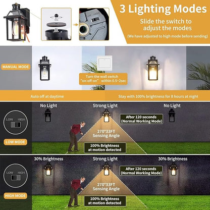 Yisuro Porch Lights with GFCI Outlet, Dusk to Dawn Motion Sensor Outdoor Light, 3 Lighting Modes Exterior Fixture, Outside for House Front Door Patio Garage(2 Pack Black)