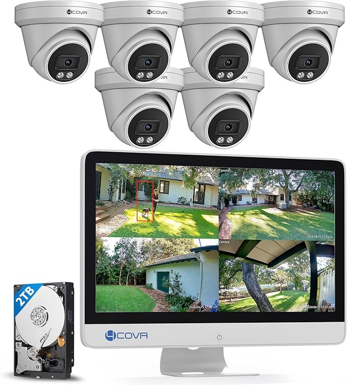 4COVR PoE Security Camera System with Monitor, AI Human/Vehicle Detection, 8CH 8MP NVR with Monitor Pre-Installed 2TB HDD, 6X 5MP Wired Dome IP Home Camera IP67 Night Vision, LY97SA5MU806