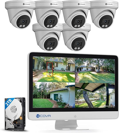 4COVR PoE Security Camera System with Monitor, AI Human/Vehicle Detection, 8CH 8MP NVR with Monitor Pre-Installed 2TB HDD, 6X 5MP Wired Dome IP Home Camera IP67 Night Vision, LY97SA5MU806