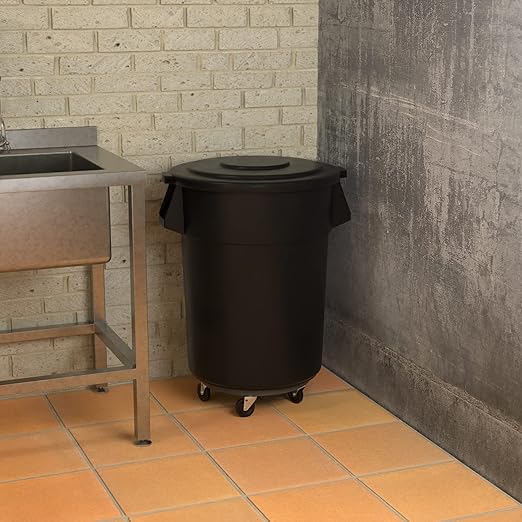 55 Gallon Black Round Commercial Trash Can with Lid and Dolly, Heavy-Duty Food Grade NSF Certified, Perfect for Restaurant, Office, School, Garage, Backyard, Workshop, Warehouse