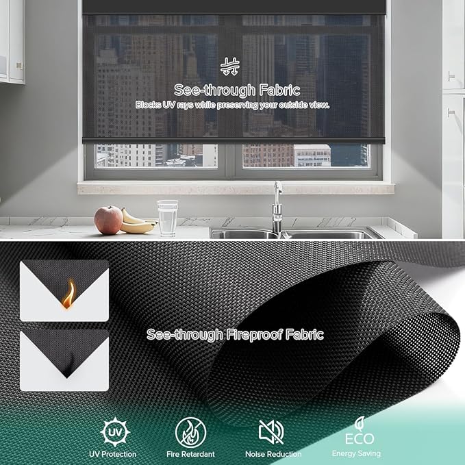 Motorized Roller Shades, Light Filtering Remote Control Custom Window Shades Compatible with Alexa Google Assistant via RF Hub, Rechargeable Electric Blinds for Windows (Fireproof Black)