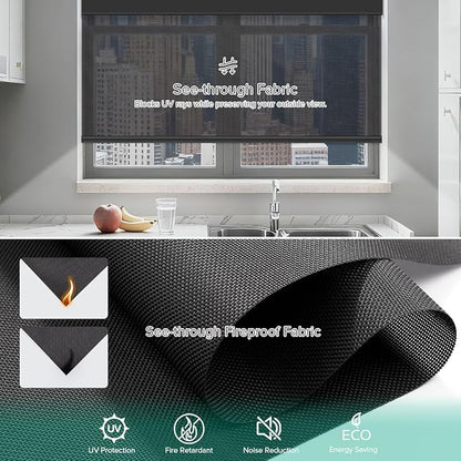 Motorized Roller Shades, Light Filtering Remote Control Custom Window Shades Compatible with Alexa Google Assistant via RF Hub, Rechargeable Electric Blinds for Windows (Fireproof Black)