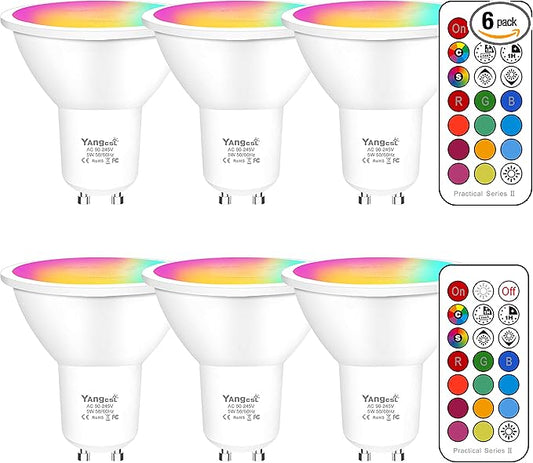 Yangcsl GU10 LED Bulbs 40W Equivalent 400LM, Color Changing Spot Light Bulb with Remote, RGB + Warm White, 45° Beam Angle and Memory, Mood Ambiance Lighting (6 Pack)