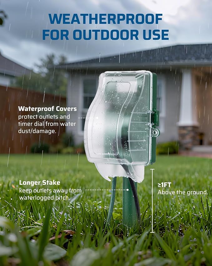 DEWENWILS Outdoor Power Stake Timer, Programmable Digital Timer, 6 Outlets | 1800W/15A Heavy Duty, 6ft Cord, Waterproof Cover, Overload Protection, Works for Yard, Garden, Patio Lights, ETL Listed