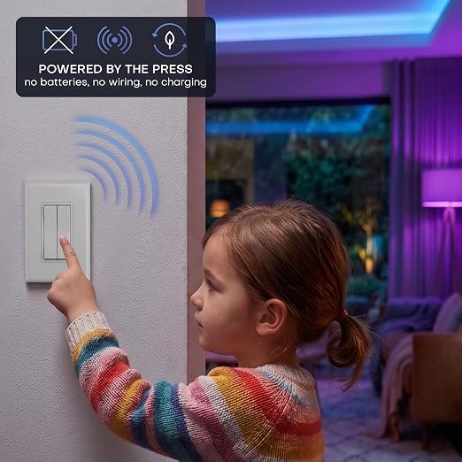 RunLessWire Click for Hue Battery-Free Wireless Smart Switch 2 Pack Gray | Dimmable Kinetic Switch Pairs Natively to Philips Hue Bridge, 4 Programmable Buttons to Control Scenes & Areas, 100ft Range