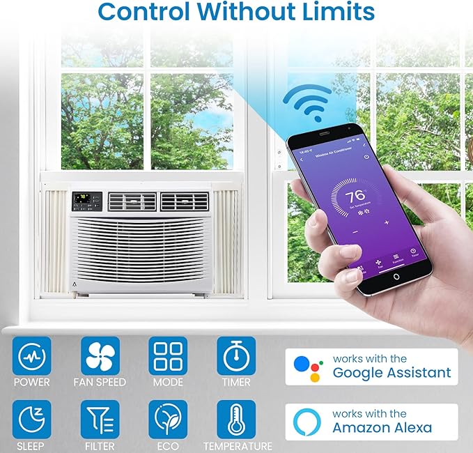 8000 BTU Window Air Conditioner with WiFi & App Control, Smart Window Mount AC Unit with Remote, Cools up to 350 Sq. Ft., 3-in-1 Cooling, Fan & Dehumidifier, Sleep Mode, 24H Timer, White