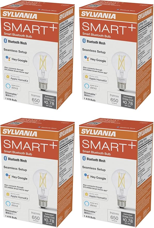 Sylvania (4 Bulbs) Smart+ LED Smart Bluetooth A19 Light Bulb, Seamless Setup, Works with Google, Alexa, AppleHomeKit, No hub Required, 2700K, LED Smart Bulb