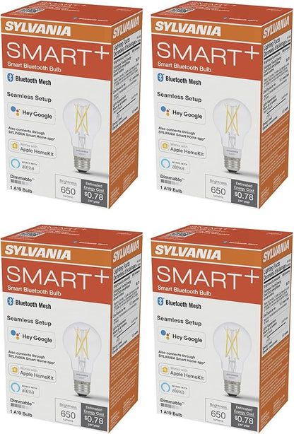 Sylvania (4 Bulbs) Smart+ LED Smart Bluetooth A19 Light Bulb, Seamless Setup, Works with Google, Alexa, AppleHomeKit, No hub Required, 2700K, LED Smart Bulb