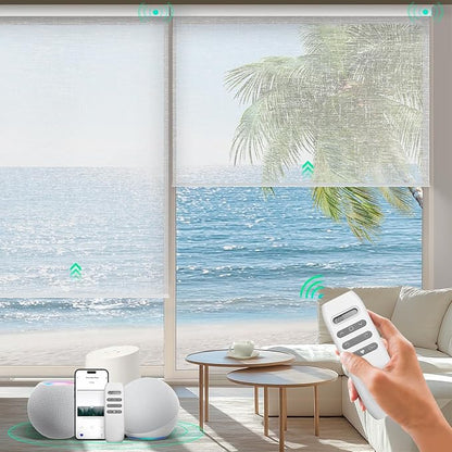 HeyBlinds Motorized Blinds with Remote, Smart Roller Shades with App & Voice Control, Work with Alexa Google HomeKit, Light Filtering Custom Window Shades for Living Room Office (Starry-White LF)
