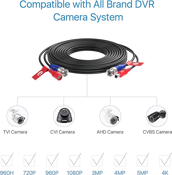 ZOSI 2 Pack 16ft 2-in-1 BNC Video Power Cables, 5M bnc Extension CCTV Wire Cord for Security Camera dvr Surveillance System (Black, with BNC RCA Connector)