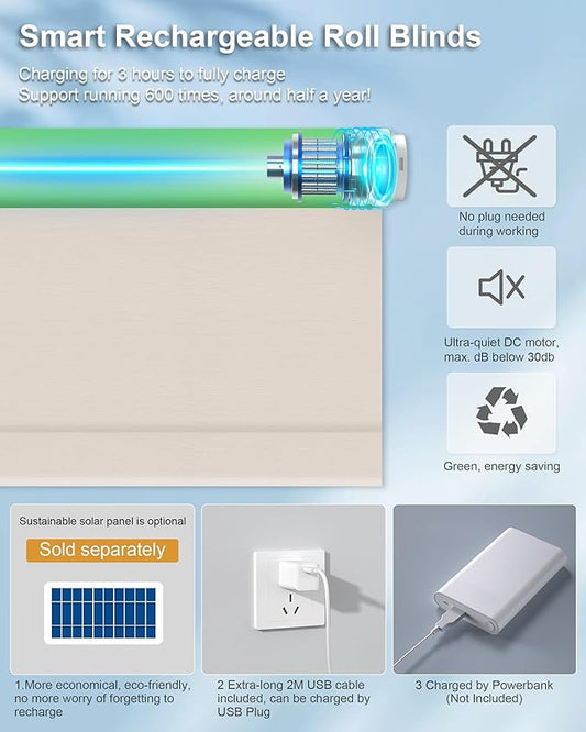 Motorized Blinds with Remote Control, Smart Blackout Automatic Blinds Work with Homekit Alexa Google Home, Rechargeable Electric Window Roller Shades with Valance, Customized Size (Texture Cream)