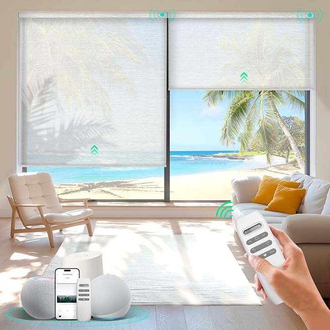 HeyBlinds Motorized Blinds with Remote, Smart Roller Shades with App & Voice Control, Work with Alexa Google HomeKit, Light Filtering Custom Shades for Living Room Office (Light Chaser-Cream LF)