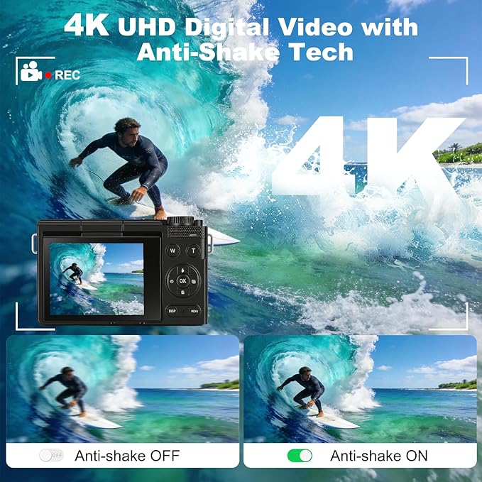 4K Digital Camera for Photography & Video: 64MP Vlogging Camera with 2.8”180° Flip Screen, Autofocus, 16X Digital Zoom, 32GB Card, Compact Point & Shoot Travel Camera for Beginners & Teens