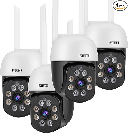 EVERSECU 2K 3.0MP Outdoor WiFi PTZ Security Camera, 2.4G WiFi, Auto Tracking, 2 Way Audio, Spot Night Vision, Compatible with Alexa, SD Card & Cloud Storage, ONVlF Compliant RTSP IP CCTV Camera(4pcs)