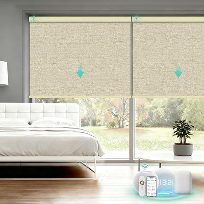 Motorized Blinds with Remote, Blackout Smart Automatic Electric Blinds for Windows Compatible with Alexa Homekit, Cordless Indoor Motorized Roller Shades with Custom Size（Sand Linen）