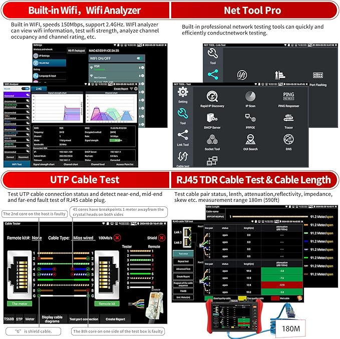Rsrteng CCTV Tester 4K 12MP IP Camera Tester POE++ Max 90W POE Camera Tester OPM/VFL/DMM,8MP TVI/CVI/AHD/CVBS Coaxial Camera Tester,1CH SFP Module,WiFi,Network Tools,Cable Tester,HD/VGA,POE Detection