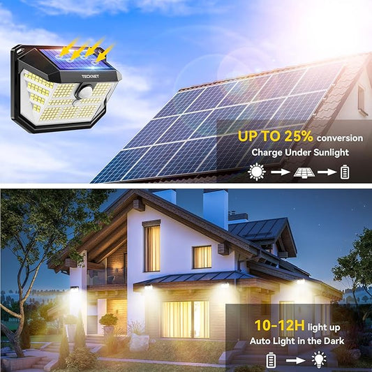 TECKNET 231 LED Solar Motion Lights Outdoor, 300° Angle & 3 Lighting Modes, PIR Motion Sensor & IP65 Security Solar Wall Lights for Fence Front Door Yard Deck Garden Garage(6 Pack-Warm Light)