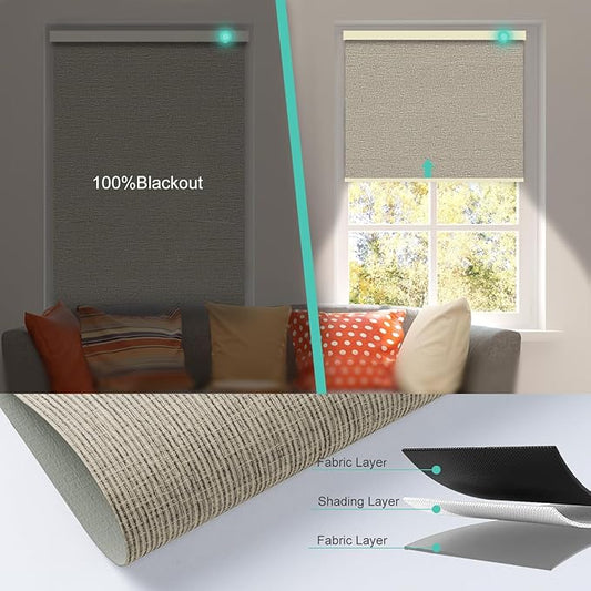 Motorized Blinds with Remote, Blackout Smart Automatic Electric Blinds for Windows Compatible with Alexa Homekit, Cordless Indoor Motorized Roller Shades with Custom Size（Woven Wood）
