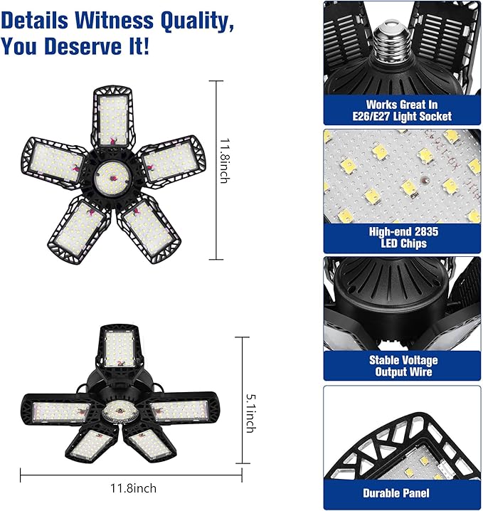 LED Garage Lights 200W - 1 Pack, 20000LM Led Shop Light with Adjustable Panel, 6000-6500K Daylight, 360° Illumination Ceiling Lights, E27/E26 for Warehouse Garage Attic Basement