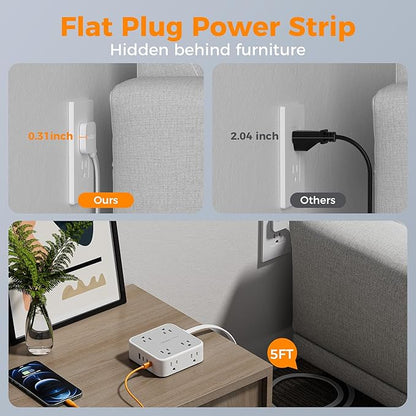 TESSAN Surge Protector Power Strip, 5 Ft Flat Plug Extension Cord with 4 USB (3 USB C) 8 Outlets, 1250W, 900J Protection, 3 Sided Outlet Extender with Power Switch for Office, Dorm Room, Grey