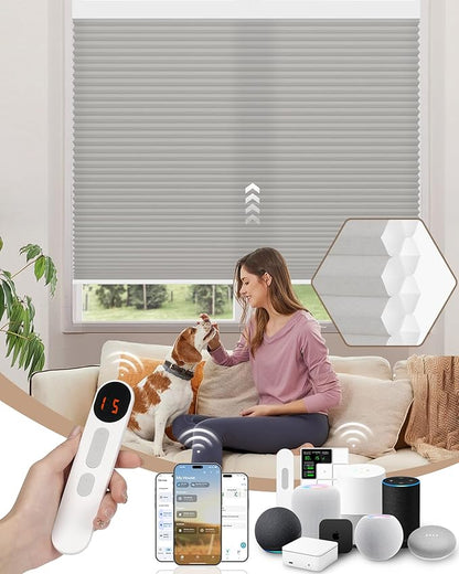 Kincmo Motorized Cellular Shades, Custom Motorized Blinds with Remote, Cordless Smart Electric Honeycomb Blinds Work with Apple HomeKit, Alexa, Google (85%-Blackout-Double-Cell Grey)