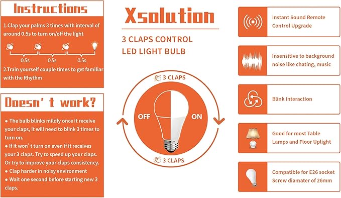 SYSAI 3 Claps Light, Sound Activated ON/Off Solution, Clap Detection, Smart Home, Upgrade Your Bedroom Lamp Bulb，Easy to Install, As Seen On TV, Soft White, 8.8-Watt