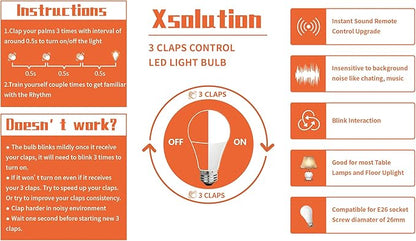 SYSAI 3 Claps Light, Sound Activated ON/Off Solution, Clap Detection, Smart Home, Upgrade Your Bedroom Lamp Bulb，Easy to Install, As Seen On TV, Soft White, 8.8-Watt