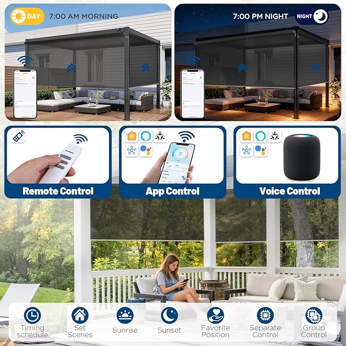 Motorized Outdoor Shades, Custom Patio Roller Blinds with Remote, Smart Exterior Sun Shades Compatible with Alexa, HomeKit, Google Home (5% Openness Black)
