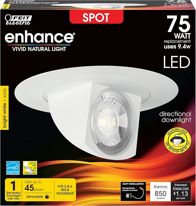 Feit Electric 5-6 inch Adjustable Scoop Recessed LED Downlight, 3000K Bright White, Dimmable, 75W Equivalent, 45 Year Life, 850 Lumen, High CRI, LEDR56SCP/930CA/SP