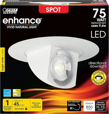 Feit Electric 5-6 inch Adjustable Scoop Recessed LED Downlight, 3000K Bright White, Dimmable, 75W Equivalent, 45 Year Life, 850 Lumen, High CRI, LEDR56SCP/930CA/SP