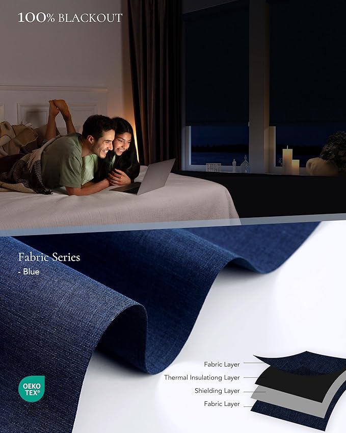 Motorized Blinds Compatible with Alexa Google 100% Blackout Smart Blind Automatic Window Roller Shades Remote Control Custom Size Double-Sided Fabric Blue