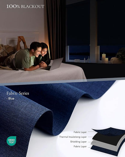 Motorized Blinds Compatible with Alexa Google 100% Blackout Smart Blind Automatic Window Roller Shades Remote Control Custom Size Double-Sided Fabric Blue