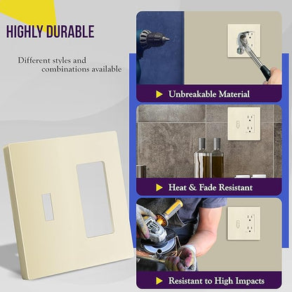 ENERLITES Combination Toggle/Decorator Light Switch Plate, Double Switch Wall Plate, Standard Size 2-Gang 4.68" x 4.73", Polycarbonate Thermoplastic, Gloss Finish, SI881131-LA, Light Almond
