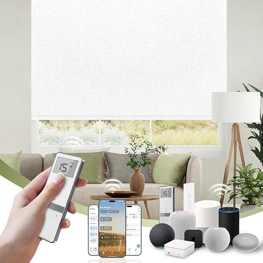 FineTell Motorized Blinds with Remote, 100% Blackout Roller Shades Compatible with Alexa,Apple Homekit,Google Home APP and Voice Control, Customized Electric Blinds (100% Blackout Classic White)