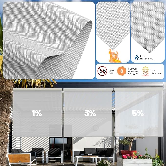 Motorized Outdoor Shades, Custom Patio Roller Blinds with Remote, Smart Exterior Sun Shades Compatible with Alexa, HomeKit, Google Home (3% Openness Sliver)
