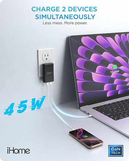 iHome GaN Universal Charger, USB C Block with Power Delivery, Folding Prongs, Travel Friendly, Compact for Phone, Tablet, and USB-C Devices (Black, 45W)