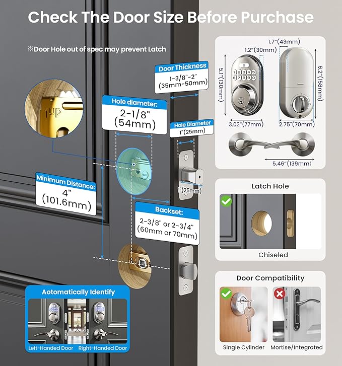 Veise Keyless Entry Door Lock with 2 Lever Handles - Electronic Keypad Deadbolt, Auto Lock, Back Lit & Easy Installation Design, Front Door Handle Sets, Satin Nickel