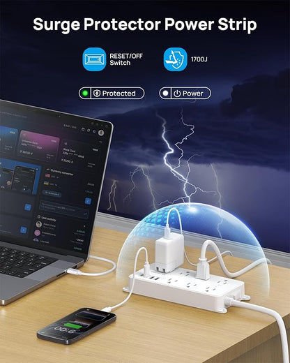 TROND Surge Protector Power Strip 10ft, ETL Listed, Flat Plug Long Extension Cord with 2 USB A and 2 USB C, 7 Widely-Spaced Outlets, Wall Mountable, 1700 Joules, White
