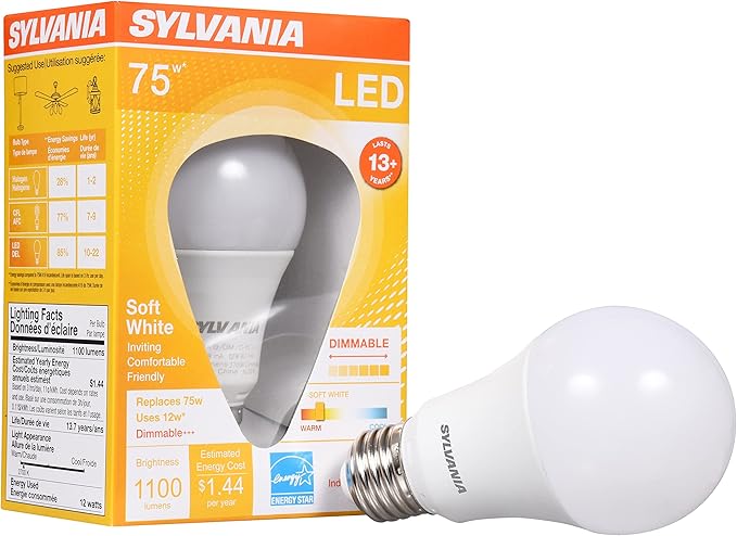 Sylvania A19 LED Light Bulb, 12W, 75W Equivalent, 13 Years, Dimmable, 1100 Lumens, 2700K, Soft White - 1 Pack (74685)