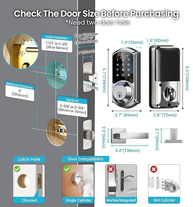 Veise VE07-L Fingerprint App Control Smart Locks with Heavy-Duty Zinc Alloy Handles, Keyless Entry for Front Door, Digital Electronic Touchscreen, Auto Lock, Waterproof, Easy Install, Satin Nickel