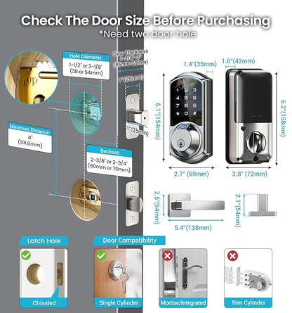 Veise VE07-L Fingerprint App Control Smart Locks with Heavy-Duty Zinc Alloy Handles, Keyless Entry for Front Door, Digital Electronic Touchscreen, Auto Lock, Waterproof, Easy Install, Satin Nickel