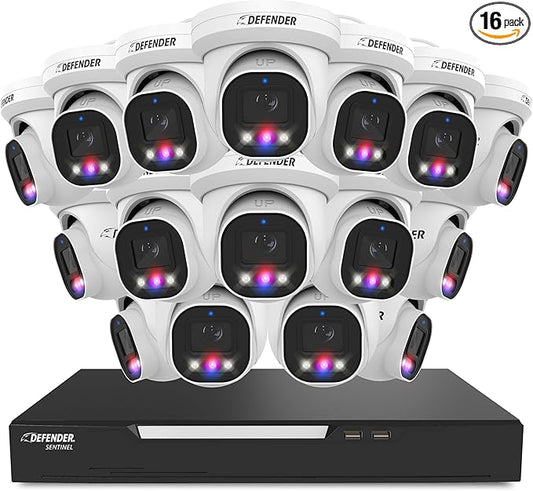 Defender AI Powered Sentinel Pro Turret 16CH NVR PoE Security Camera System, 16pc Metal Turret Cameras, 109° Wide Angle, IP66 Rated, Audio Recording, Web Viewing, 2TB HDD, Works w/Empower App