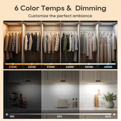 14.7 Inch Under Cabinet Lighting, 6 Color Temps Motion Sensor Light Indoor, LED Power Display Rechargeable Battery Operated Closet Light, Magnetic Dimmable Under Counter Lights for Kitchen-2 Pack