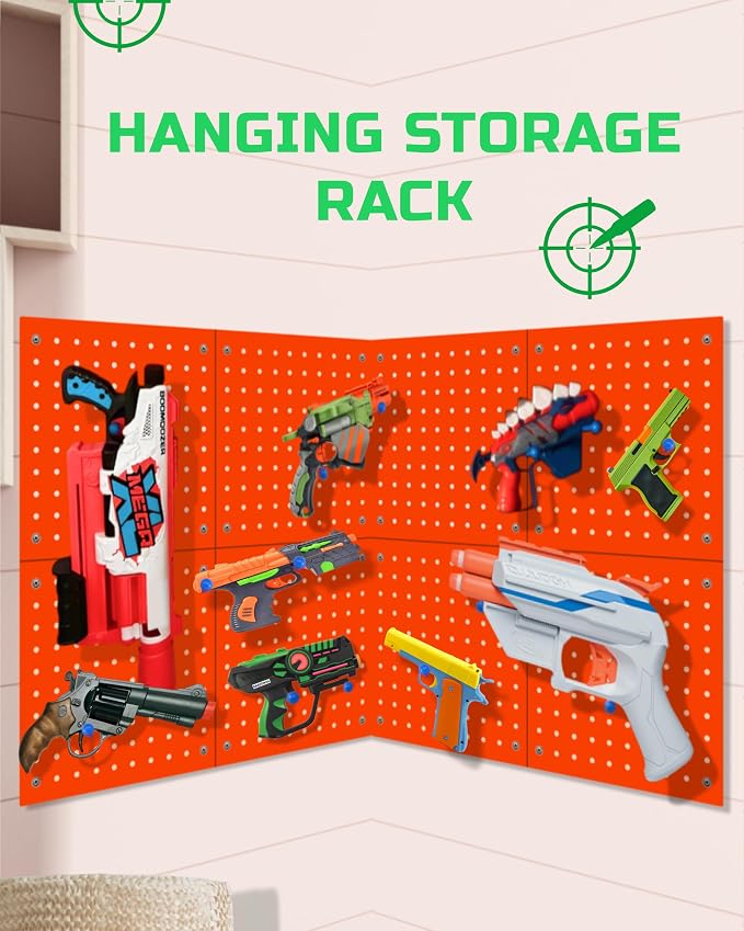 Skywin Wooden Pegboard Wall Organizer for Nerf Gun - 2 Pack - Orange | 8 MDF Panels, 20 Wooden Pegs, Compatible with All Blasters Nerf Gun Rack Organizer for Wall Organization