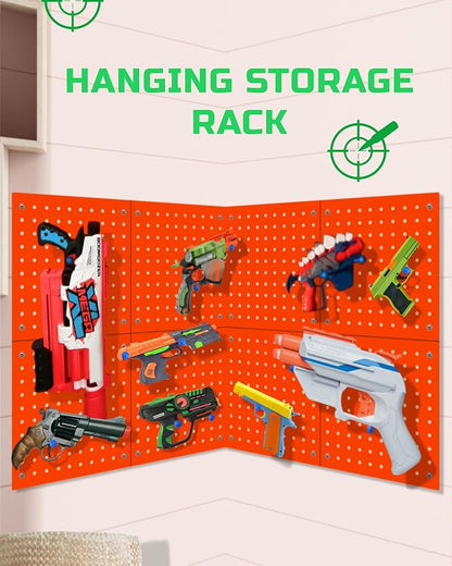 Skywin Wooden Pegboard Wall Organizer for Nerf Gun - 2 Pack - Orange | 8 MDF Panels, 20 Wooden Pegs, Compatible with All Blasters Nerf Gun Rack Organizer for Wall Organization