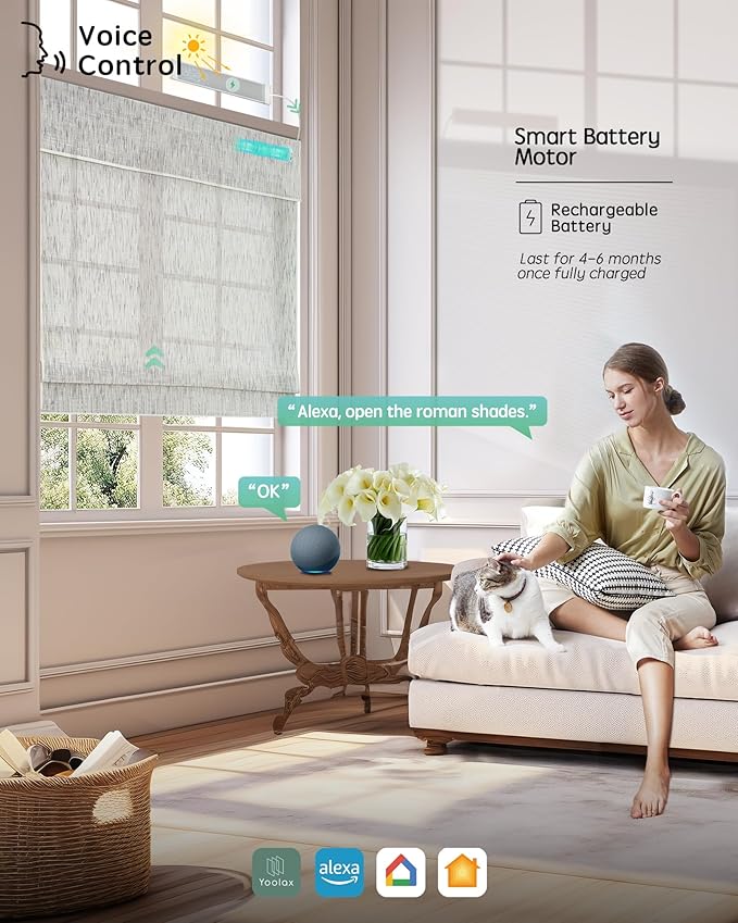 Yoolax Motorized Bamboo Roman Shades with Remote, Smart Roman Shades for Indoor Windows, Light Filtering Automatic Blinds Work with Alexa, Google, Apple Homekit, Customized (Bamboo Woven Flake White)